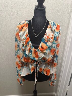 Lulu's Orange & Teal Floral Ruffle Tie-Front Blouse